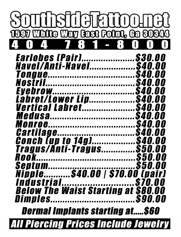 • Piercing Price List